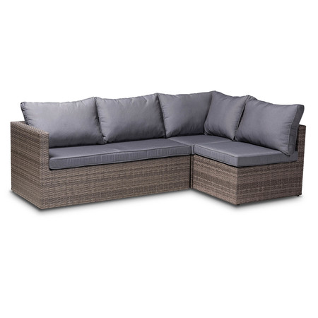 Baxton Studio Pamela Grey Upholstered and Brown Finished 4-Piece Rattan Patio Set 165-10715